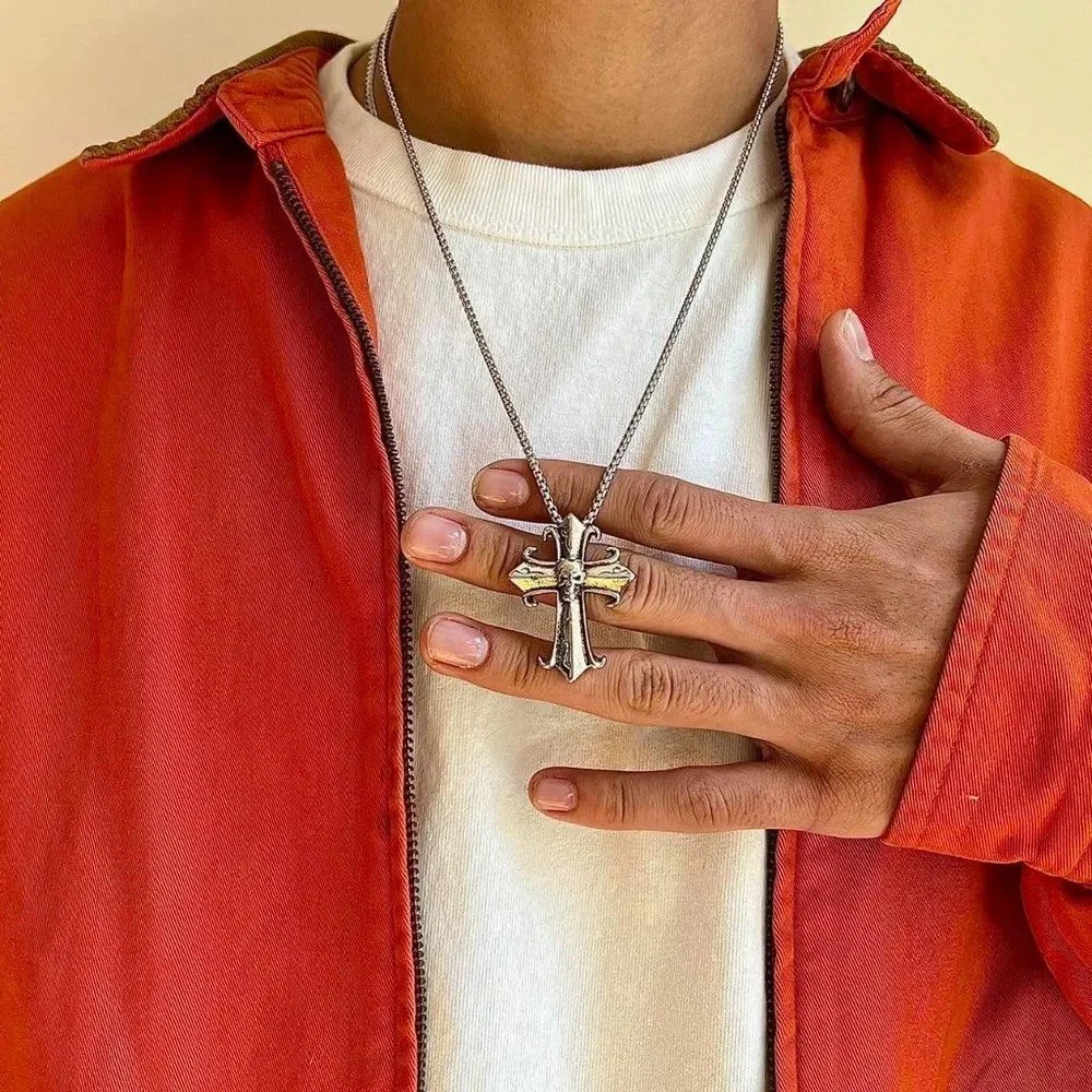 y2k grunge chrome color silver cross skull pendant necklace